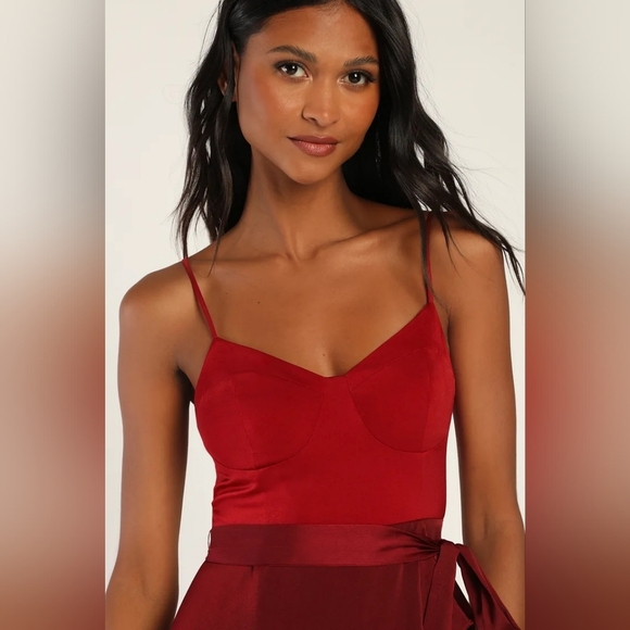 Lulus Double Darling Burgundy Color Block Satin Ruffled Maxi Dress S Wedding - Picture 4 of 12